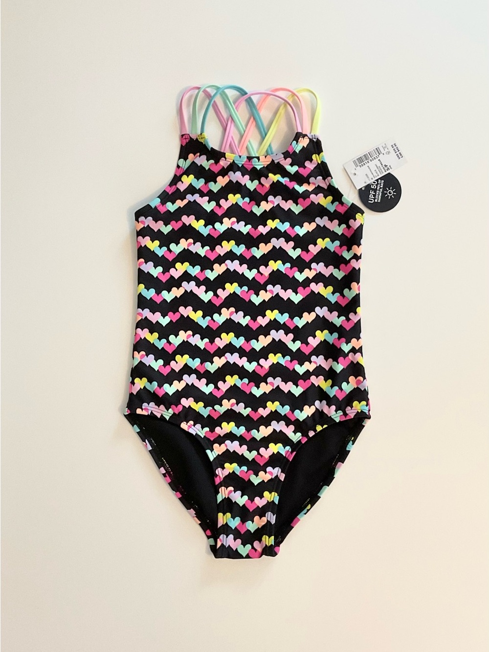 NWT The Children’s Place Girls Black Heart-Print One-Piece Swimsuit Size S 5/6